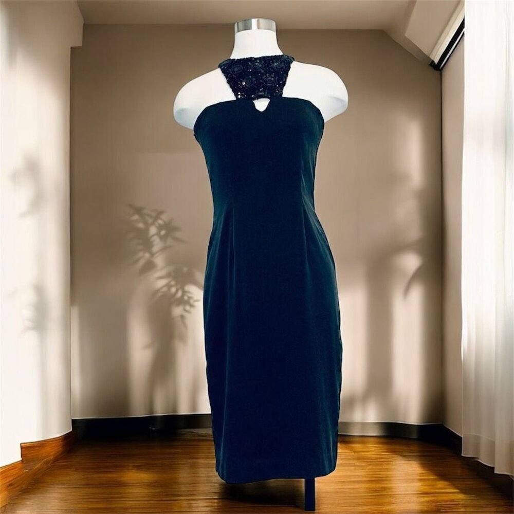 Vintage Silk Black Sequin Tube Halter Pencil Shift Dress Midi Small